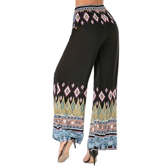 NEW Boho We Love Wide Leg Elastic High Waist Black Diamond Palazzo Pant Sz M NWT - Picture 2 of 7